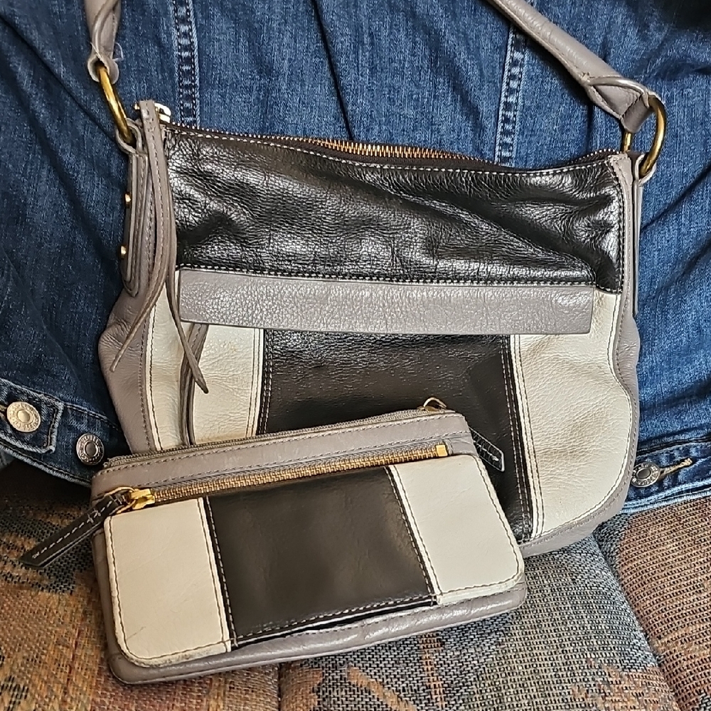 Fossil Black, Gray, Cream Leather Bag And Wallet Set EUC